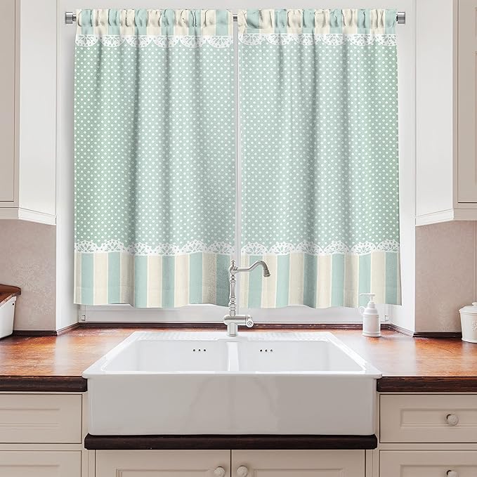 Ambesonne Shabby Flora Kitchen Curtains, Traditional Old Fashioned Vertical Stripes Ornaments and Dots, Window Drapes 2 Panel Set for Kitchen Cafe Decor, 55" x 39", Green White