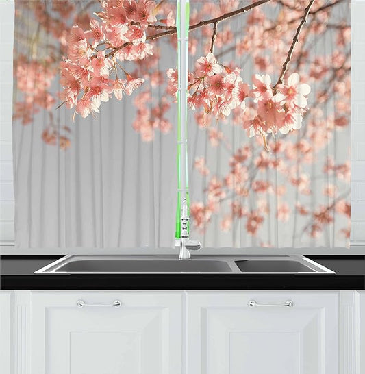Ambesonne Peach Kitchen Curtains, Japanese Scenery Sakura Tree Cherry Blossom Nature Photography Coming of Spring, Window Drapes 2 Panel Set for Kitchen Cafe Decor, 55" x 30", Burgundy Teal