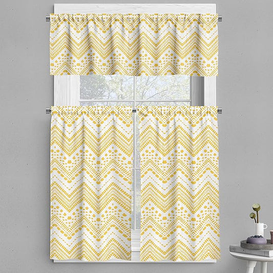 Ambesonne Yellow Chevron Valance & Tier Curtain 3 pcs Set, Hand Drawn Aztec Pattern Primitive Clan Motif with Dashed Lines Artwork, Window Treatments for Kitchen Room Decor, 55" x 30", Mustard White