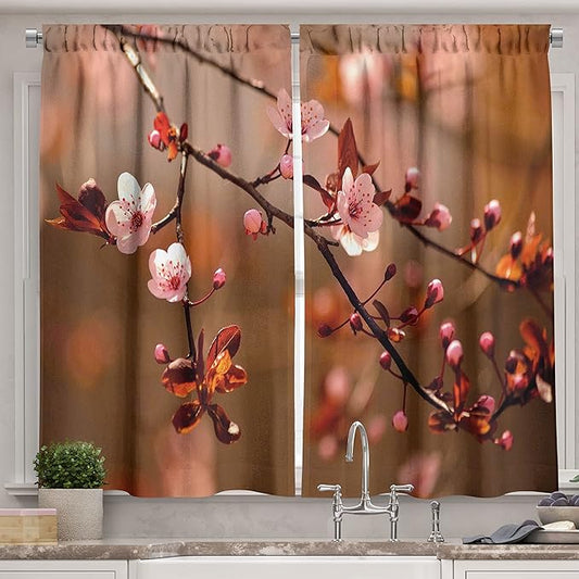 Ambesonne Nature Kitchen Curtains, Cherry Blossom Sakura Tree Branches Flowering Japanese Flourishing Print, Window Drapes 2 Panel Set for Kitchen Cafe Decor, 55" x 39", Coral Pink