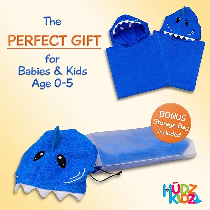 Premium Hooded Towel Poncho for Kids & Toddler - 100% Cotton (Blue Shark)
