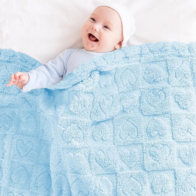 Sherpa Fleece Baby Blanket Heart Checkered Blanket, Ultra Soft Fluffy Premium Baby Blankets for Boys Girls, Cozy Infant Toddler Newborn Receiving Blankets for Crib Stroller 30”×40” (Blue)