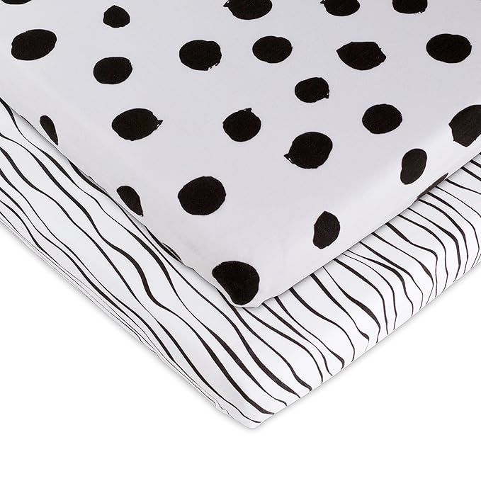 Bassinet Sheet Set 2 Pack 100% Jersey Cotton Black and White Abstract Stripes and Dots by Ely's & Co