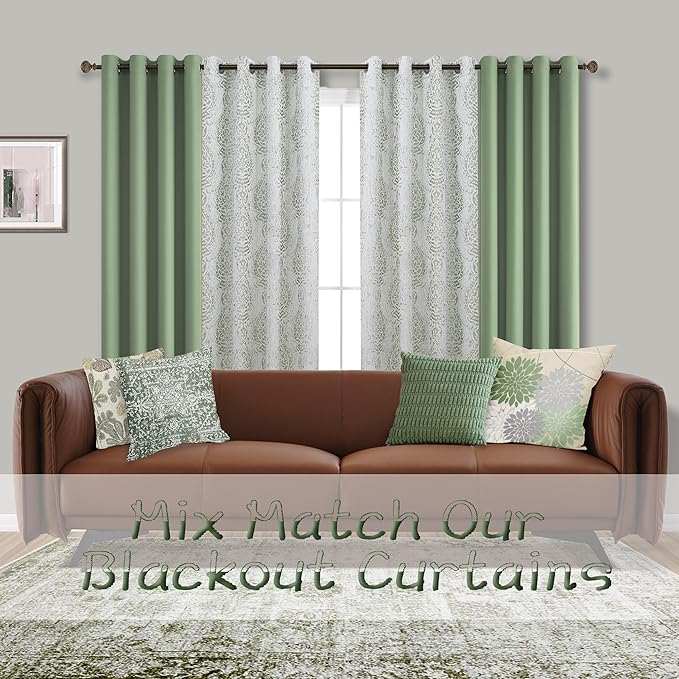 Mrs.Naturall Sage Green Grommet Blackout Curtains for Bedroom 52x96 Inch Length