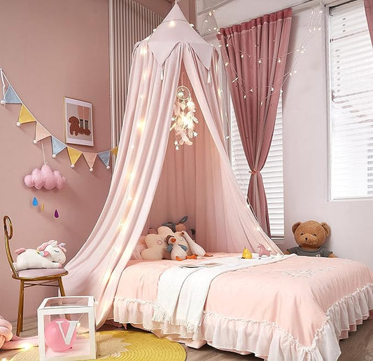 Akiky Bed Canopy for Girls with Lights Princess Dream Catcher for Kids Reading Nook Bed Tent for Twin Full Queen Size Bed,Room Decor (Beige Pink)