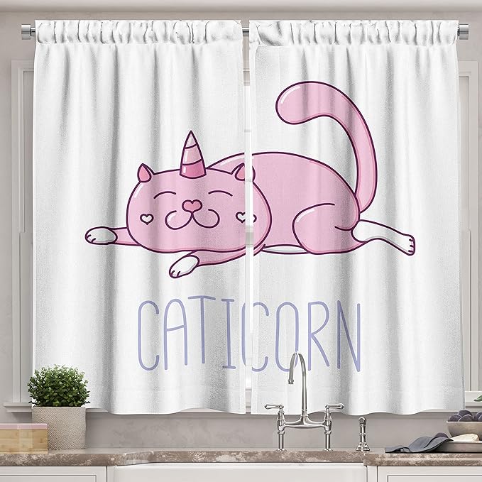 Ambesonne Unicorn Cat Kitchen Curtains, Pink Cat a Horn and Funny Expression Lying Caticorn Cartoon Mascot, Window Drapes 2 Panel Set for Kitchen Cafe Decor, 55" x 39", White Lilac