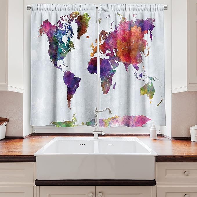 Ambesonne Watercolor Kitchen Curtains, Multicolored Hand Drawn World Map Asia Europe Africa America Geography Print, Window Drapes 2 Panel Set for Kitchen Cafe Decor, 55" x 39", Gray Purple