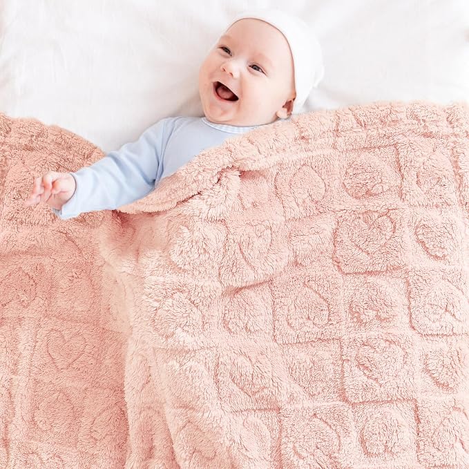 Fleece Baby Blanket Heart Checkered Blanket, Ultra Soft Cozy Baby Blankets for Girls Boys, Fluffy Infant Toddler Newborn Receiving Blankets for Crib Stroller 30”×40” (Light Pink)