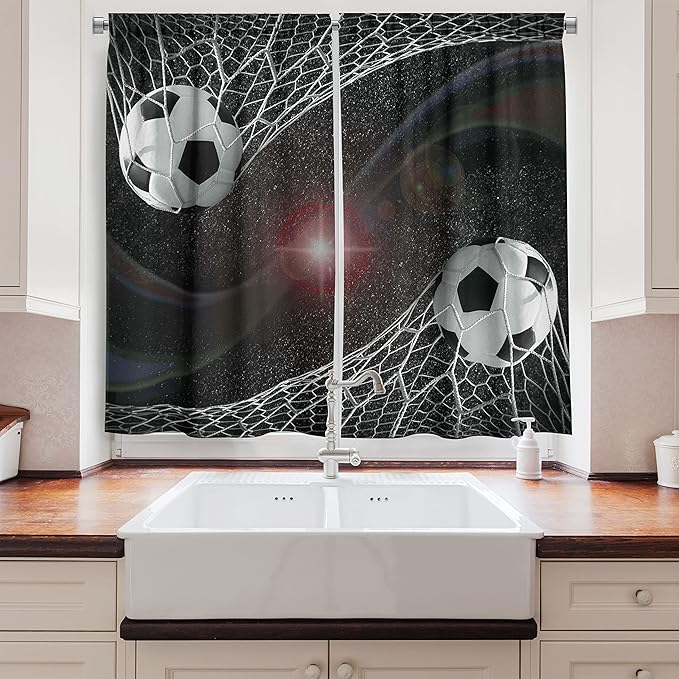 Ambesonne Teen Room Kitchen Curtains, Soccer Balls Goal Match Success Concept in The Outer Space Winner Glory Theme, Window Drapes 2 Panel Set for Kitchen Cafe Decor, 55" x 39", Black Magenta