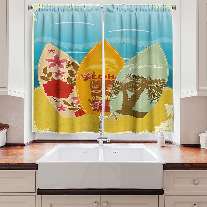 Ambesonne Tiki Bar Kitchen Curtains, Hawaiian Beach Surfboards on The Sand Exotic Summer Vacation Sport Vintage Style, Window Drapes 2 Panel Set for Kitchen Cafe Decor, 55" x 39", Blue Mustard