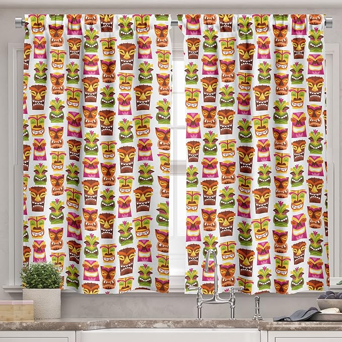 Ambesonne Tiki Bar Valance & Tier Curtain 3 pcs Set, Sixties Retro Inspired Hawaiian Party Happy Tiki Pattern Colorful, Window Treatments for Kitchen Room Decor, 55" x 45", White Brown