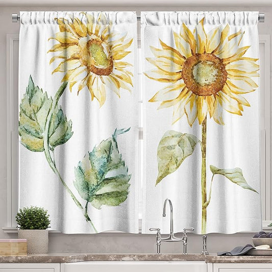 Ambesonne Watercolor Kitchen Curtains, Alluring Sunflowers Summer Inspired Design Agriculture, Window Drapes 2 Panel Set for Kitchen Cafe Decor, 55" x 39", Yellow Green