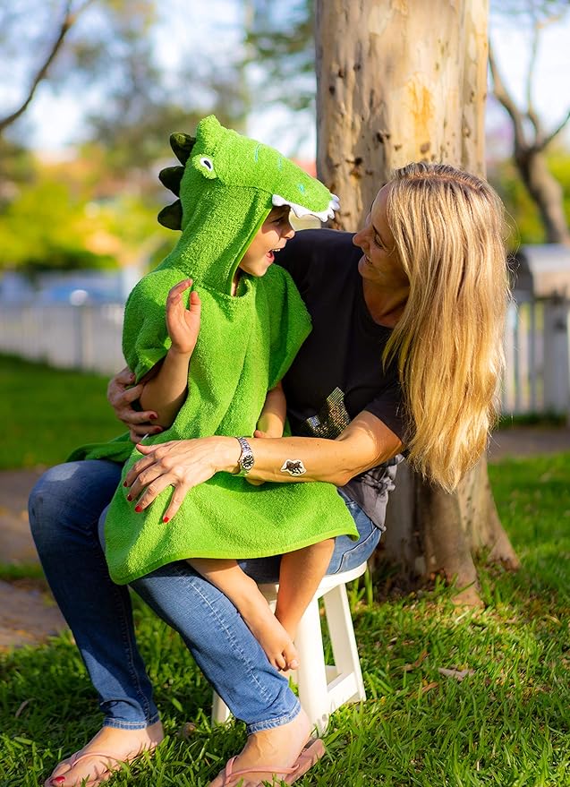 Premium Hooded Towel Poncho for Kids & Toddlers, Soft 100% Cotton, Ideal at Bath, Beach, Pool (Green Croc)