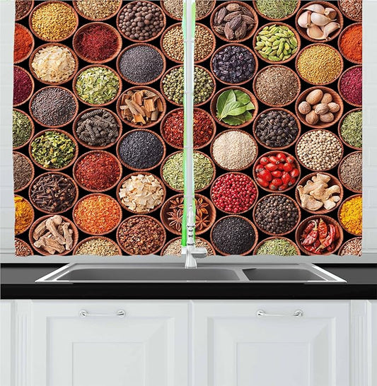Ambesonne Retro Kitchen Curtains, Colorful Herbs and Spices Cardamom Pepper Chili Ginger Dill Natural Cuisine Print, Window Drapes 2 Panel Set for Kitchen Cafe Decor, 55" x 30", Brown Yellow