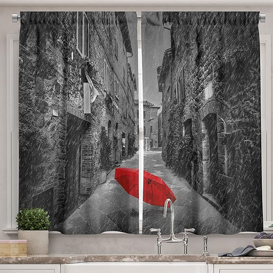 Ambesonne Black and White Kitchen Curtains, Red Umbrella on a Dark Narrow Street in Tuscany Italy Rainy Winter, Window Drapes 2 Panel Set for Kitchen Cafe Decor, 55" x 39", Light Brown