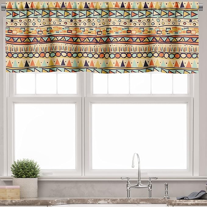 Ambesonne Prehistoric Valance & Tier Curtain 3 pcs Set, Mexican Style Doodles with Triangles Circles Folkloric Geometric Tribal, Window Treatments for Kitchen Room Decor, 55" x 30", Pastel Yellow