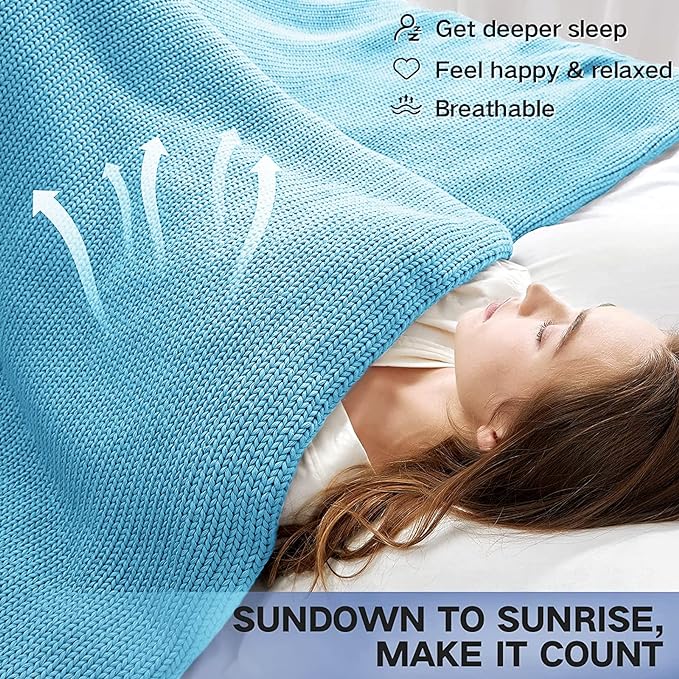 Knitted Weighted Blanket(Blue 60"x80" 15lbs),Home Décor Cooling Throw Blanket for Hot Sleepers,Hand Made Chunky Knit Heavy Blanket for Adults Use on Queen/King Size Bed