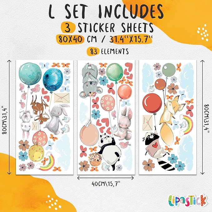 Hot Air Balloon Wall Decals for Kids by Lipastick – 83 pcs Cartoon Animals Wall Decals for Girls Boys Kids Baby - Animal Wall Stickers for Nursery Room Bedroom - Raccoon Fox Koala Panda L Size