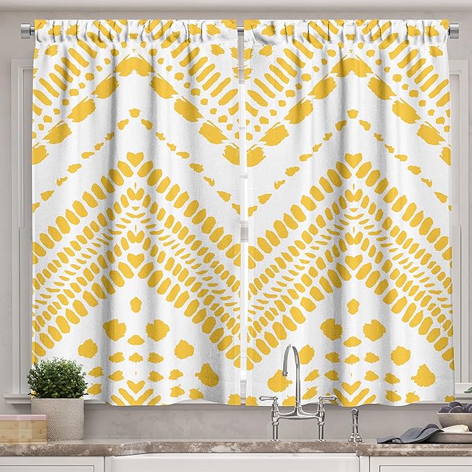 Ambesonne Yellow Chevron Kitchen Curtains, Hand Drawn Aztec Pattern Motif with Dashed Lines, Window Drapes 2 Panel Set for Kitchen Cafe Decor, 55" x 39", Mustard White