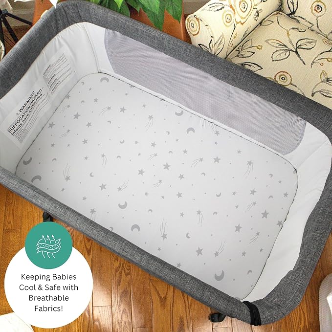 TansyPanda Bassinet Sheets for Angelbliss, Koolerthings, Koola Baby Bassinet Bedside Sleeper, 3 Pack, 33x20 inch, Ultra Soft, Breathable, Snug Fit, Unisex Boys Girls, Gray White (Moon, Stars, Clouds)