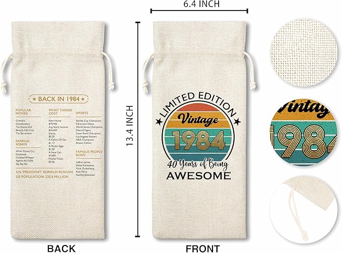 Disfuco 40th Birthday Wine Gift Bag, 1984 Birthday Gift Wine Bag, Burlap Wine Bottle Cover Bag For Women Men, Friends, Daughter, Son, Newphew, Niece, 1 Pc (B03)