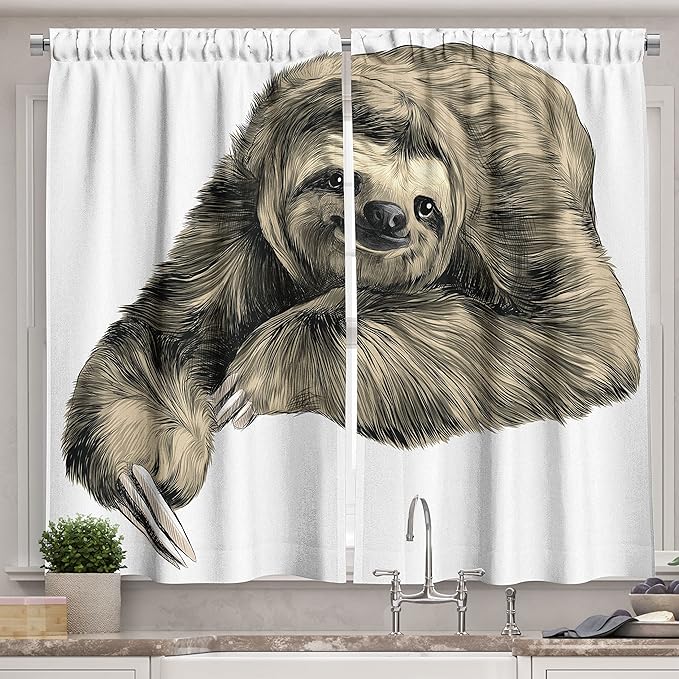 Ambesonne Sloth Kitchen Curtains, Sweetly Smiling Jungle Animals Lying Down with Crossed Legs Tropic Fauna Sketch, Window Drapes 2 Panel Set for Kitchen Cafe Decor, 55" x 39", Black Ivory