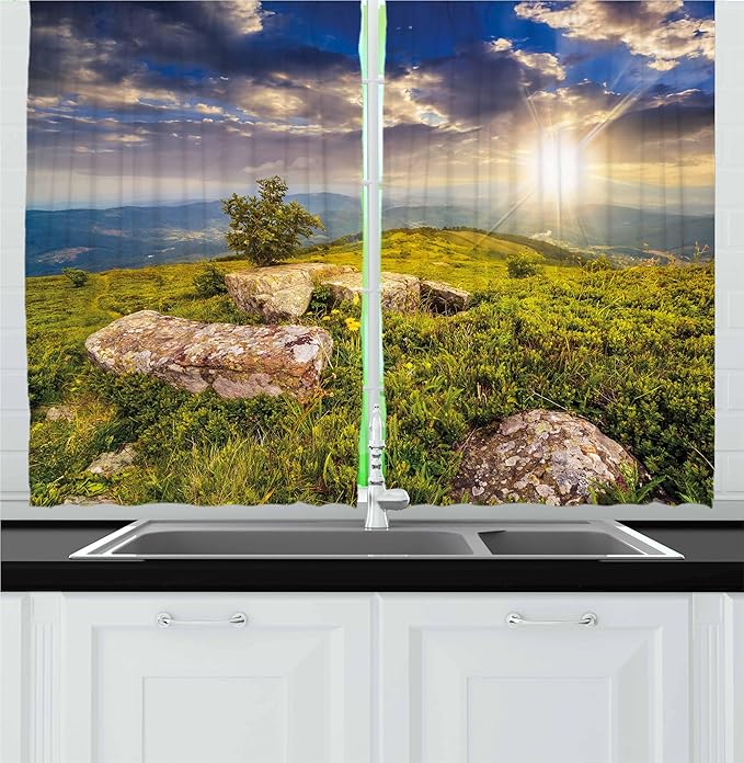Ambesonne Mountain Kitchen Curtains, Small Tree Behind Boulders Hillside Grass Greenery Meadow Scenic Dramatic, Window Drapes 2 Panel Set for Kitchen Cafe Decor, 55" x 36", Mustard Green