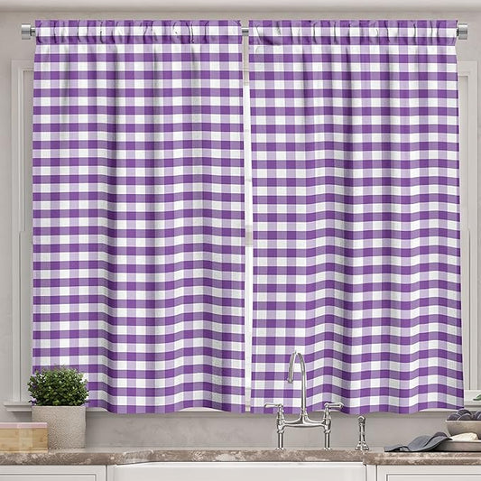 Ambesonne Checkered Kitchen Curtains, Purple and White Colored Gingham Checks Rows Picnic Theme Vintage Style Print, Window Drapes 2 Panel Set for Kitchen Cafe Decor, 55" x 39", Purple White