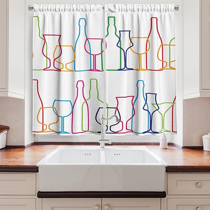 Ambesonne Wine Kitchen Curtains, Colorful Outline Bottles and Glasses Bar Party Drink Cocktails Modern Fun Pattern, Window Drapes 2 Panel Set for Kitchen Cafe Decor, 55" x 39", Pink Green