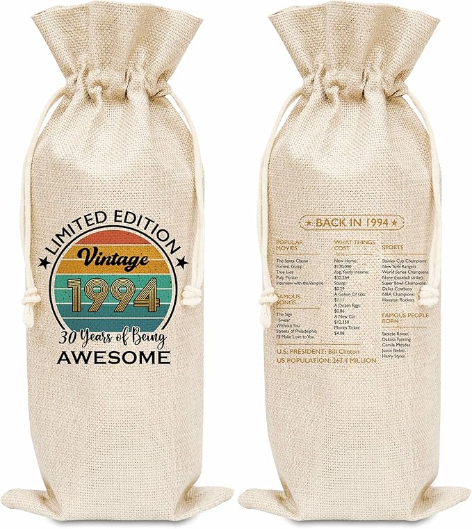 Disfuco 30th Birthday Wine Gift Bag, 1994 Birthday Gift Wine Bag, Burlap Wine Bottle Cover Bag For Women Men, Friends, Daughter, Son, Newphew, Niece, 1 Pc (B02)