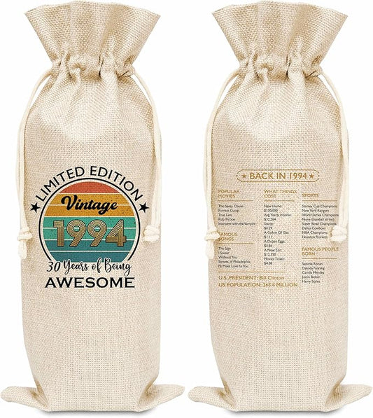 Disfuco 30th Birthday Wine Gift Bag, 1994 Birthday Gift Wine Bag, Burlap Wine Bottle Cover Bag For Women Men, Friends, Daughter, Son, Newphew, Niece, 1 Pc (B02)