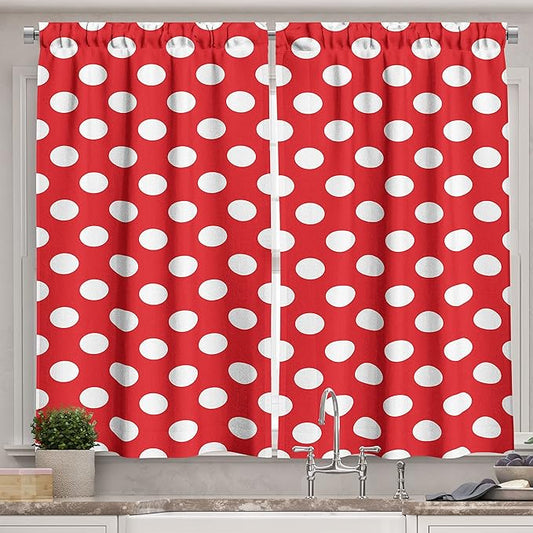 Ambesonne Retro Kitchen Curtains, 50s 60s Iconic Pop Art Style Big White Polka Dots Picnic Vintage Old Theme Image, Window Drapes 2 Panel Set for Kitchen Cafe Decor, 55" x 39", Vermilion White