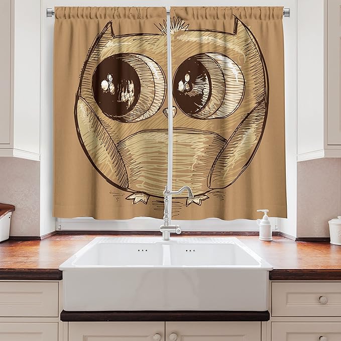 Ambesonne Cartoon Kitchen Curtains, Owl Sketch with Realistic Eyes and Very Tiny Feet Style Drawing Print, Window Drapes 2 Panel Set for Kitchen Cafe Decor, 55" x 39", Brown