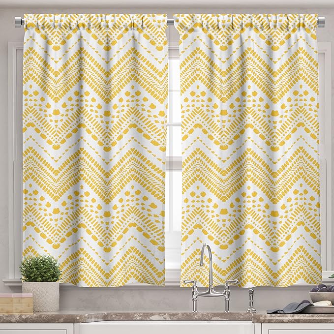 Ambesonne Yellow Chevron Valance & Tier Curtain 3 pcs Set, Hand Drawn Aztec Pattern Primitive Clan Motif with Dashed Lines Artwork, Window Treatments for Kitchen Room Decor, 55" x 30", Mustard White