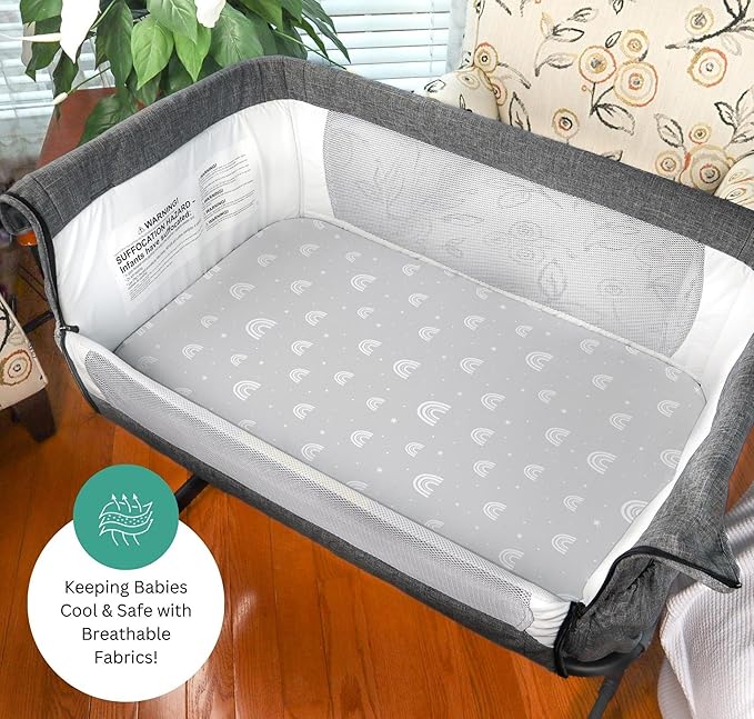 TansyPanda Bassinet Sheets for Cloud Baby, Yacul, Dream On Me Traveler, Skylar, BabyBond, Simmons, 3 Pack, 33x20 in, Ultra Soft, Breathable Snug Fit, Unisex Boys Girls, Gray White (Woodland Rainbow)