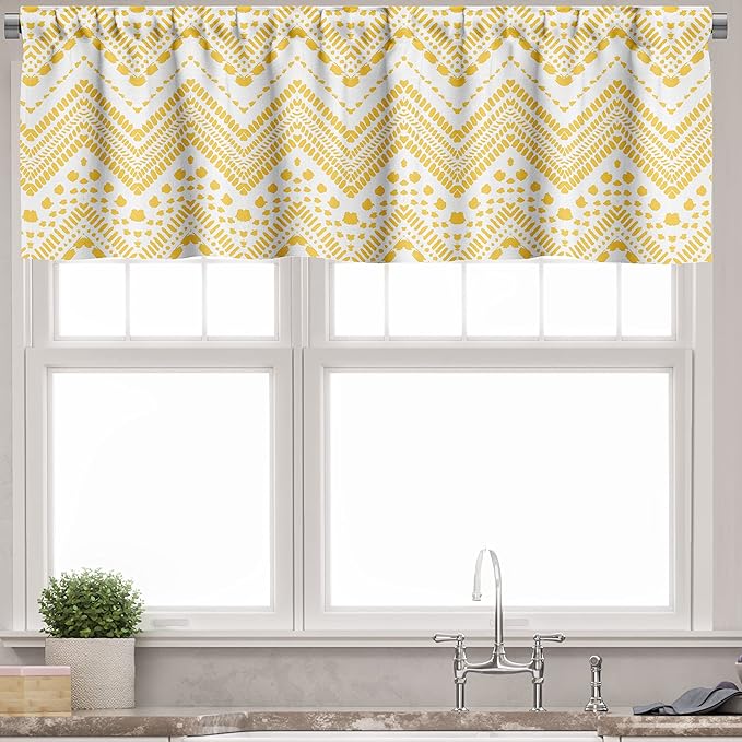 Ambesonne Yellow Chevron Valance & Tier Curtain 3 pcs Set, Hand Drawn Aztec Pattern Primitive Clan Motif with Dashed Lines Artwork, Window Treatments for Kitchen Room Decor, 55" x 30", Mustard White