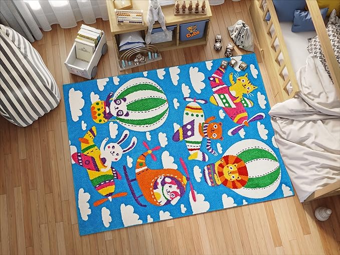 KC Cubs Play Area Rug Boy & Girl Modern Decor Multicolor Area Rug and Carpet Collection for Kids, Toddlers and Baby Nursery, Flying Animal Friends