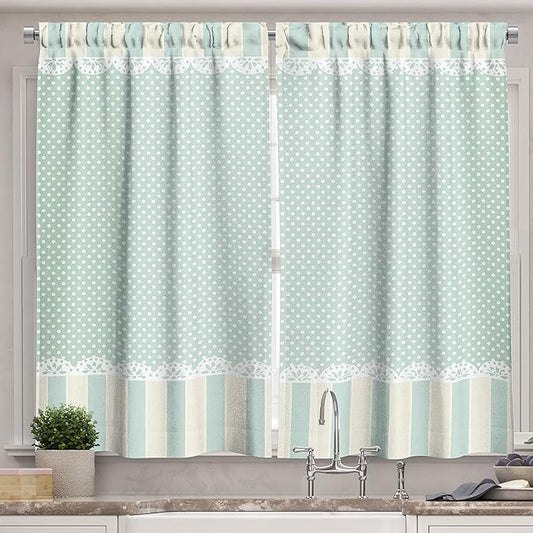 Ambesonne Shabby Flora Kitchen Curtains, Traditional Old Fashioned Vertical Stripes Ornaments and Dots, Window Drapes 2 Panel Set for Kitchen Cafe Decor, 55" x 39", Green White