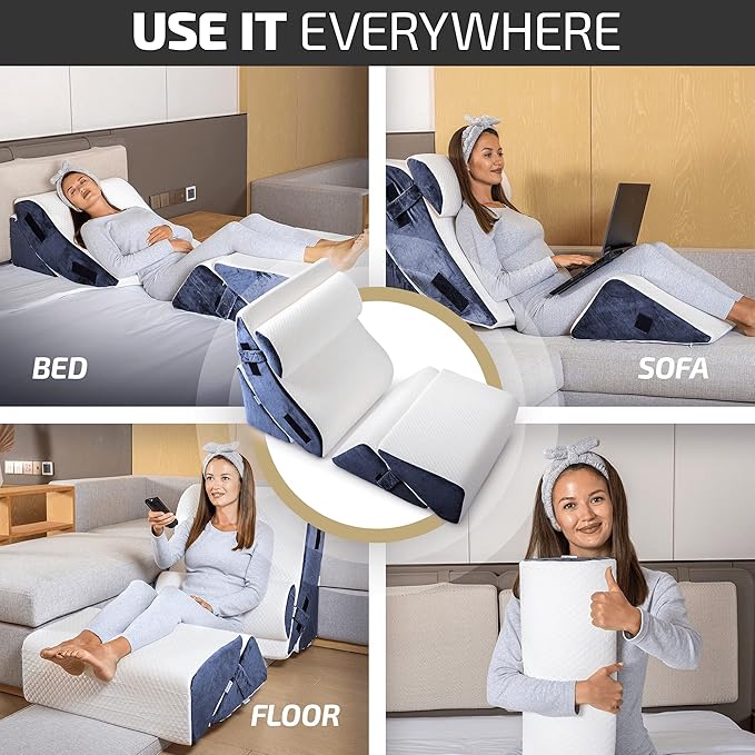 5pcs Orthopedic Bed Wedge Pillow Set w/Leg Elevation Pillow - Perfect Adjustable Memory Foam Pillows for After Surgery Recovery, Back Support, Pain Relief, Acid Reflux, Sleeping & GERD