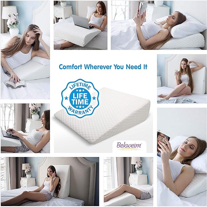 Bed Wedge Pillow | Unique Curved Design for Multi Position Use | Memory Foam Wedge Pillow for Sleeping | Works for Back Support, Leg, Knee | Includes Cover Plus Extra Sheet (White)