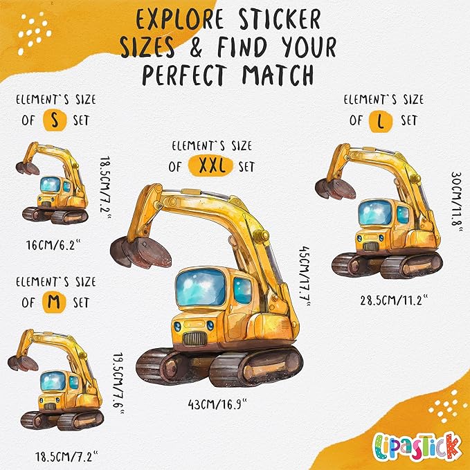Car Wall Decals for Kids by Lipastick - Transports Wall Stickers Peel and Stick Truck Stickers – Construction Cars Wall Decals - Large Tractor Excavator City Nursery Playroom Décor S Size