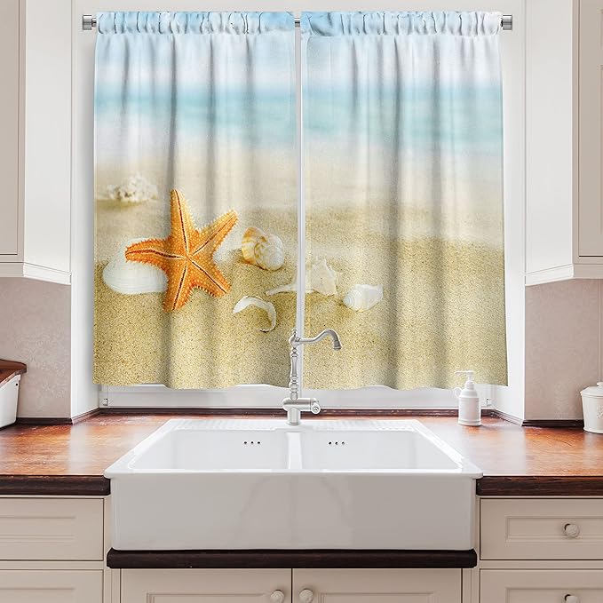 Ambesonne Starfish Kitchen Curtains, Tropical Caribbean Seacoast with Different Shells and Animals Relaxing Vacation, Window Drapes 2 Panel Set for Kitchen Cafe Decor, 55" x 39", Sand Pale Blue