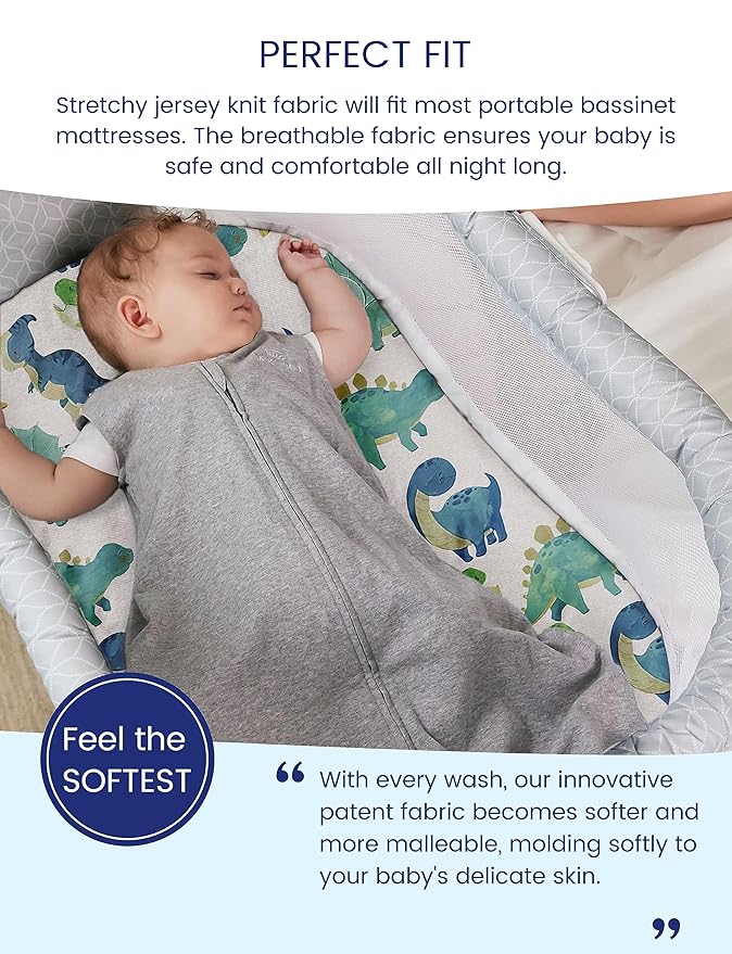 Premium Soft Dinosaur Bassinet Fitted Sheets, TotAha Stretchy Jersey Knit Bassinet Sheets for Baby Boy Girl, Ultra Breathable Bassinet Cover Universal for Oval, Rectangle Hourglass Bassinet Mattress