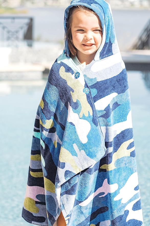 Kids Hooded Beach Towel Swimsuit Cover-up Wrap with Buttons (Blue Camo, One Size)