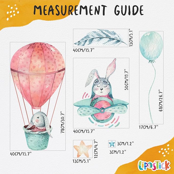Bunny Wall Decals for Kids by Lipastick - 156 pcs Rabbits Wall Stickers Peel and Stick - Hot Air Balloon Wall Decals for Girls Boys Kids Baby Nursery Room Bedroom - Bunnies Wall Décor XXL Size