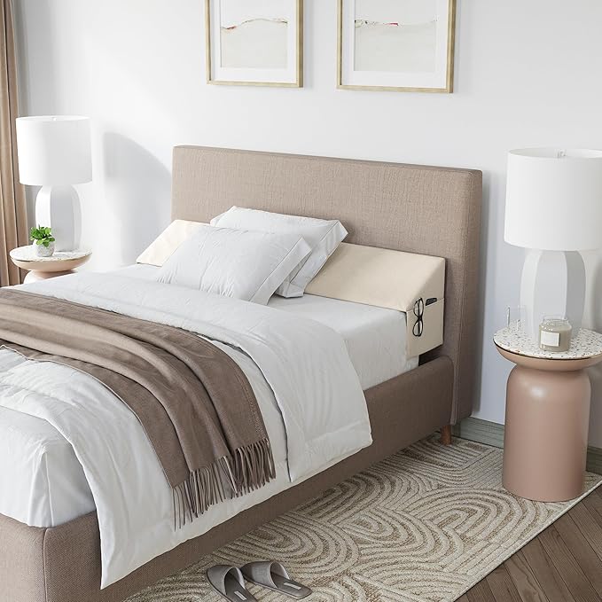 Wedge Pillow Headboard Bed Gap Filler Full - Headboard Pillow Full Size 54 X 10 X 6 - Long Pillow for Bed Wedge Gap Filler with Large Pocket for Bed Accessories - Mattress Gap Filler (Beige)
