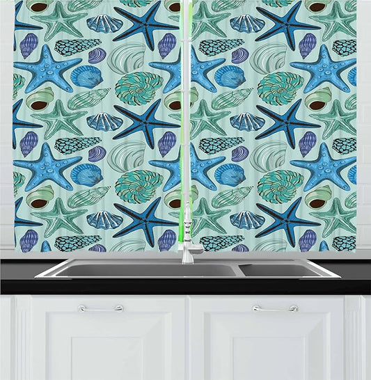Ambesonne Starfish Kitchen Curtains, Aquarium Inspired Composition Tropical Seashells and Scallops Cockles and Clams, Window Drapes 2 Panel Set for Kitchen Cafe Decor, 55" x 30", Blue Seafoam