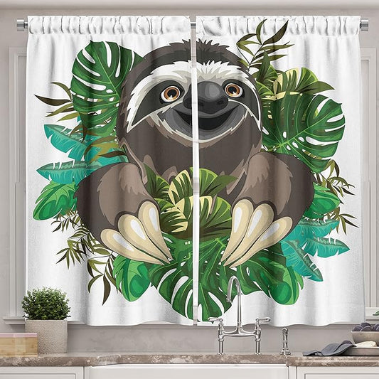 Ambesonne Sloth Kitchen Curtains, Cartoon Mammal on Tropical Jungle with Green Banana Leaves Character, Window Drapes 2 Panel Set for Kitchen Cafe Decor, 55" x 39", Chocolate Ivory