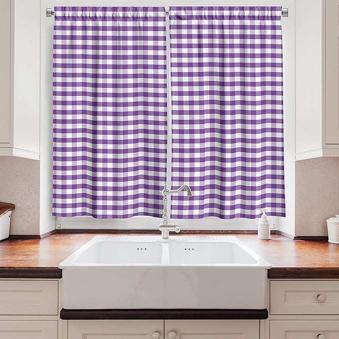 Ambesonne Checkered Kitchen Curtains, Purple and White Colored Gingham Checks Rows Picnic Theme Vintage Style Print, Window Drapes 2 Panel Set for Kitchen Cafe Decor, 55" x 39", Purple White
