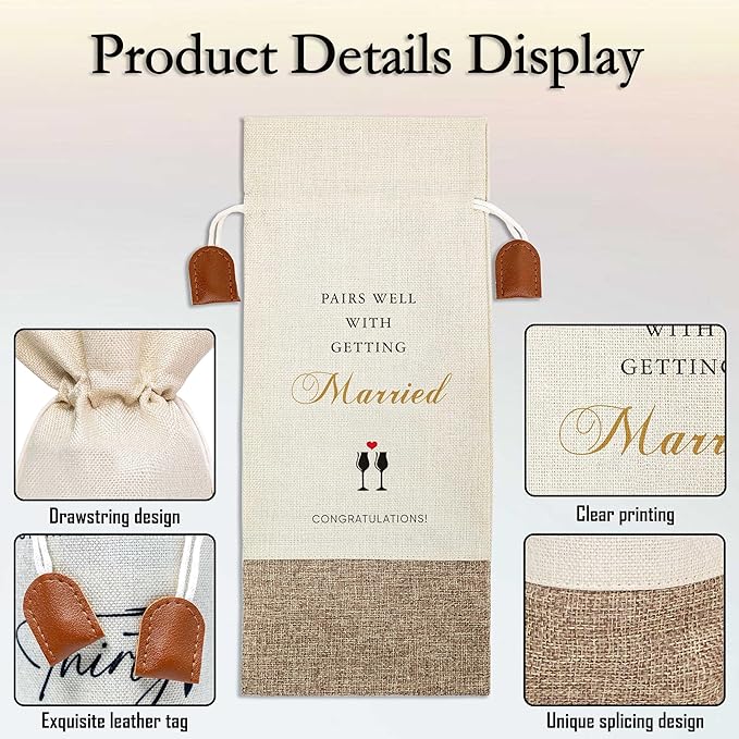 Wedding Wine Bag, Engagement Gifts for Couples, Cotton Linen Wine Gift Bag With Drawstring, Mr and Mrs Marriage Wedding Gifts, Bridal Shower Gift for Women Besties Friends, Bachelorette Party-41